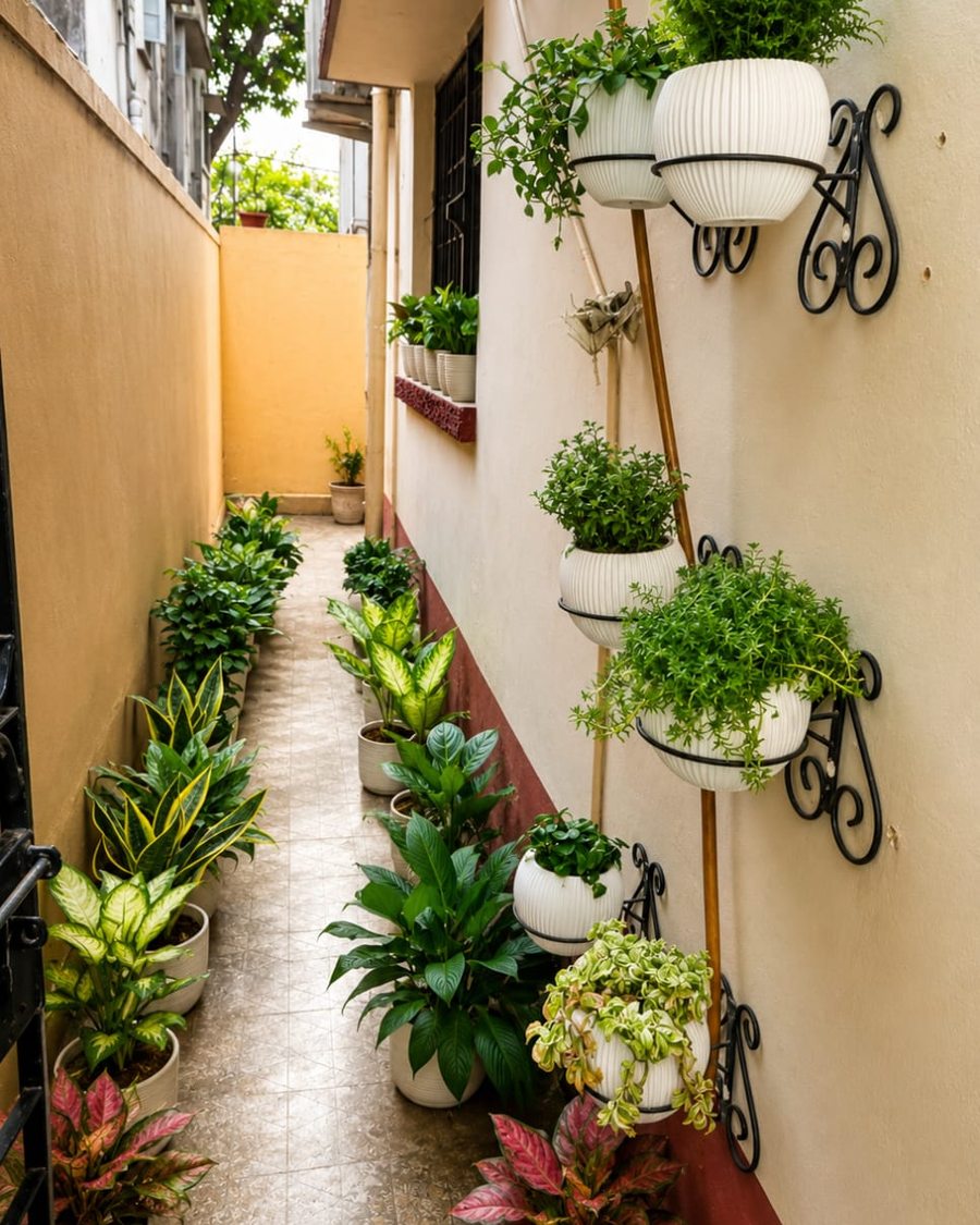 A narrow veranda with potted plants along the floor and wall-mounted planters on brackets.