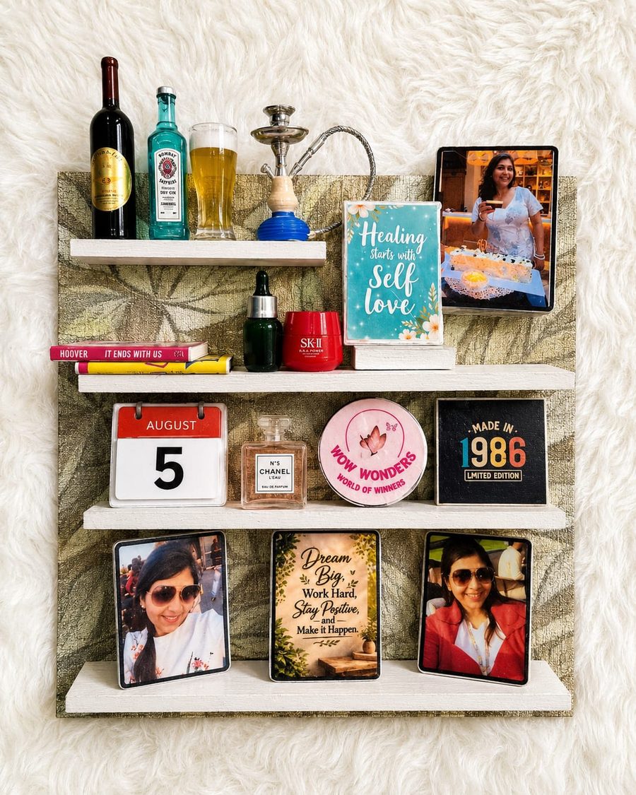 A rectangular shelf Memory Wall with photographs, a dated calendar and favourite things.