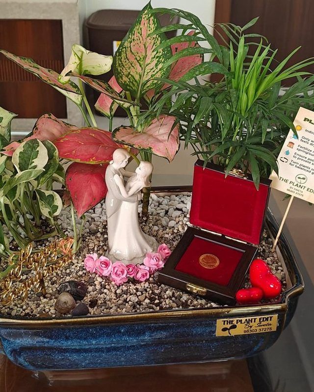 An anniversary planter with a couple in miniature beside an open ring box.
