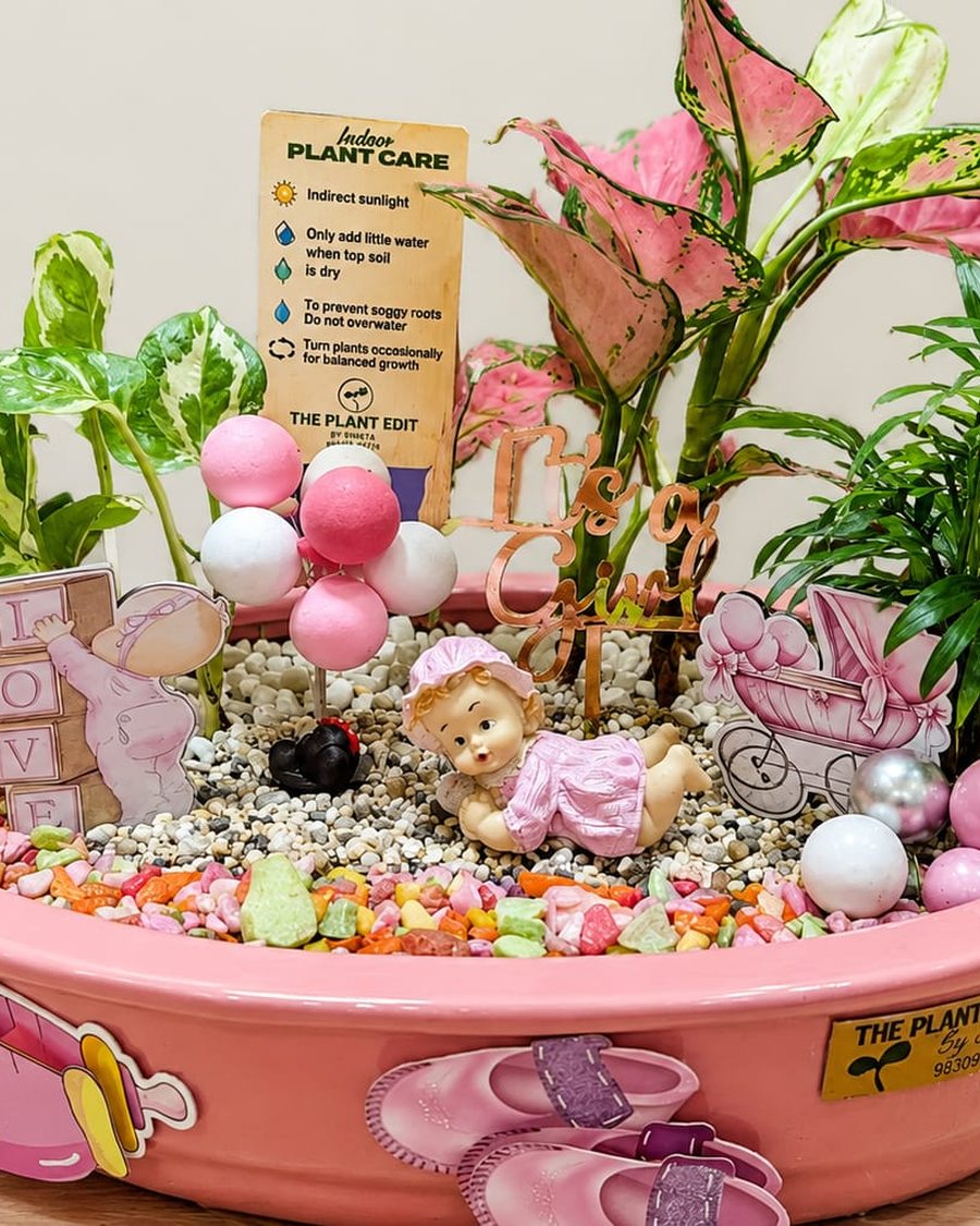 A pink planter for a baby girl, with aglaonema, palm and pothos, a small figure, balloons and an It's a Girl topper.