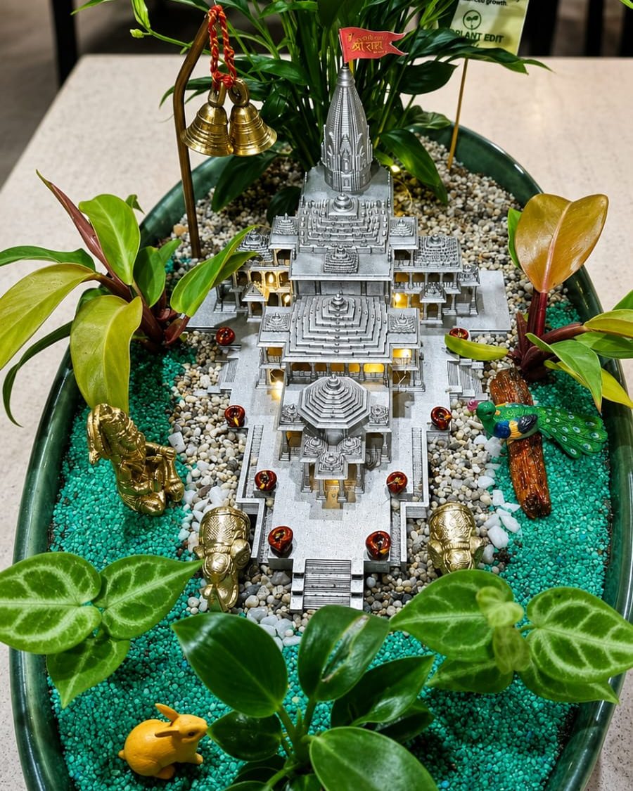 A detailed miniature of the Ayodhya Ram Mandir set into a planted oval tray, with brass bells, diyas and a peacock among the greenery.