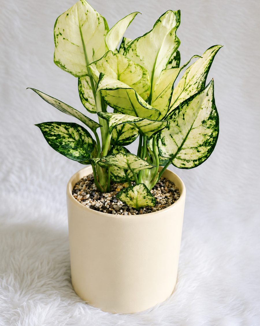 An Aglaonema with cream and green patterned leaves in a ceramic pot.
