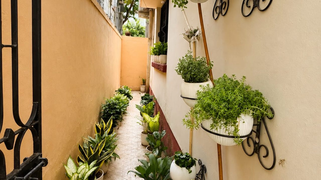 A narrow veranda with potted plants along the floor and wall-mounted planters on wrought-iron brackets.